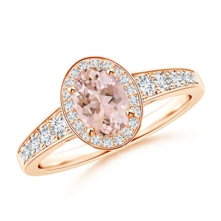 7x5mm AAAA Oval Morganite and Diamond Halo Ring with Pavé Accents in 9K Rose Gold