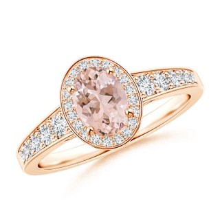 7x5mm AAAA Oval Morganite and Diamond Halo Ring with Pavé Accents in Rose Gold