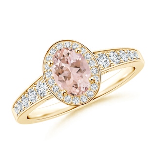 7x5mm AAAA Oval Morganite and Diamond Halo Ring with Pavé Accents in Yellow Gold