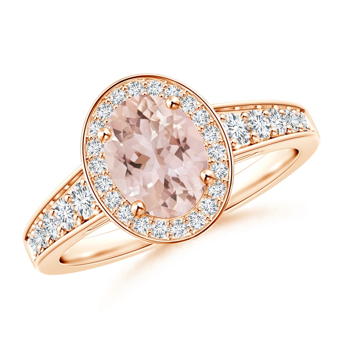 8x6mm AAA Oval Morganite and Diamond Halo Ring with Pavé Accents in Rose Gold