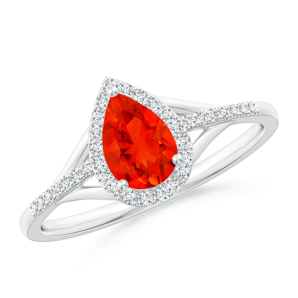 7x5mm AAAA Pear-Shaped Fire Opal Ring with Diamond Halo in P950 Platinum