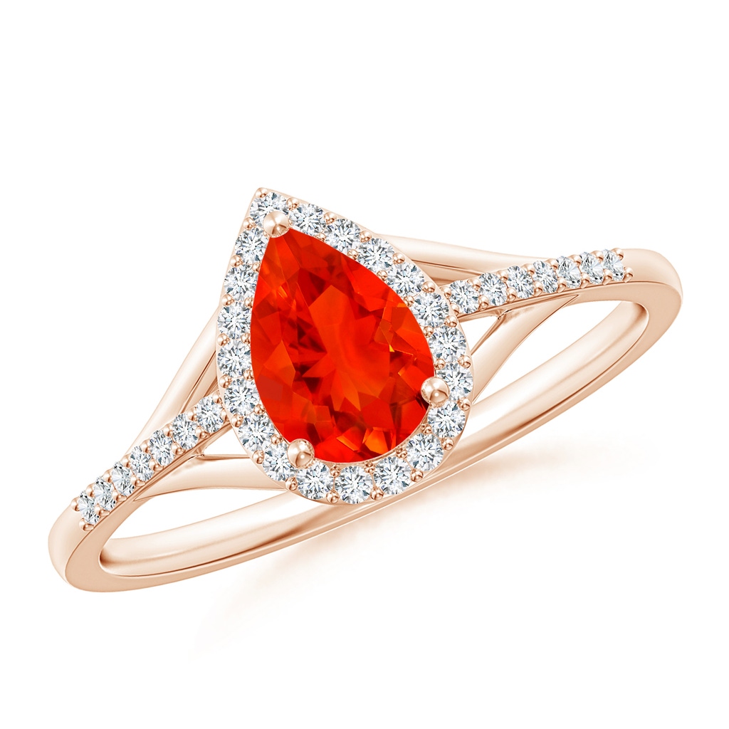 7x5mm AAAA Pear-Shaped Fire Opal Ring with Diamond Halo in Rose Gold