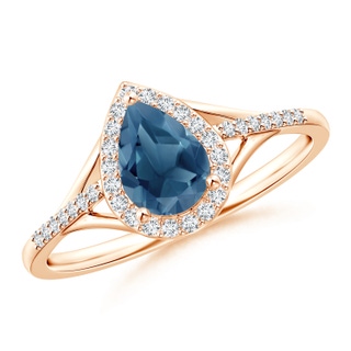 7x5mm A Pear-Shaped London Blue Topaz Ring with Diamond Halo in Rose Gold