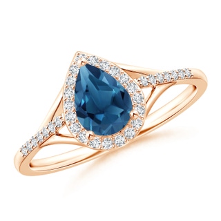 7x5mm AA Pear-Shaped London Blue Topaz Ring with Diamond Halo in Rose Gold