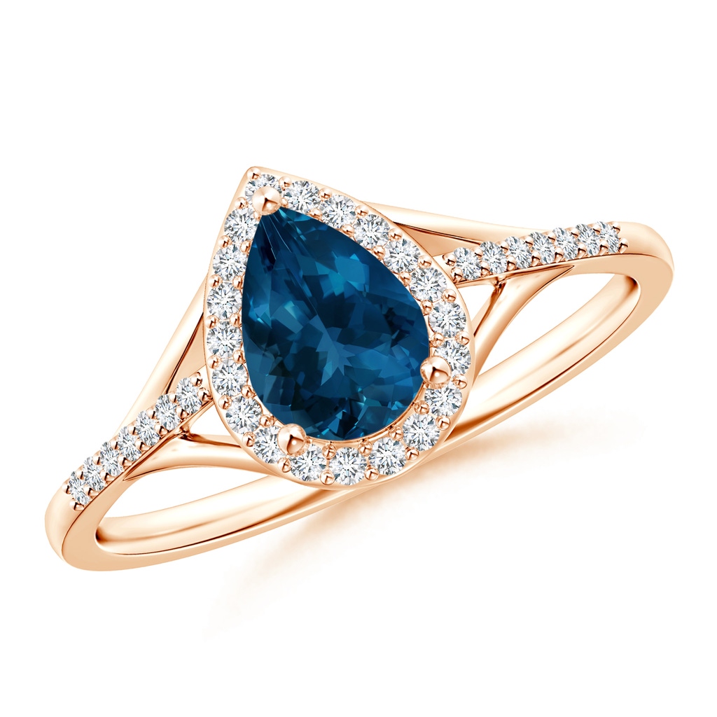 7x5mm AAA Pear-Shaped London Blue Topaz Ring with Diamond Halo in 9K Rose Gold