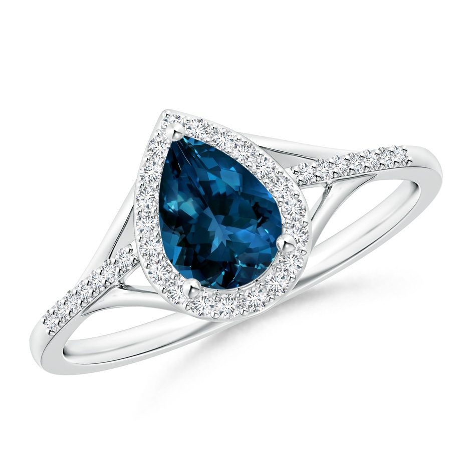 7x5mm AAAA Pear-Shaped London Blue Topaz Ring with Diamond Halo in P950 Platinum 