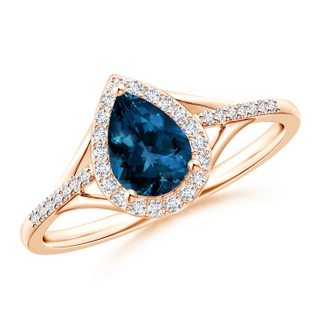 7x5mm AAAA Pear-Shaped London Blue Topaz Ring with Diamond Halo in Rose Gold