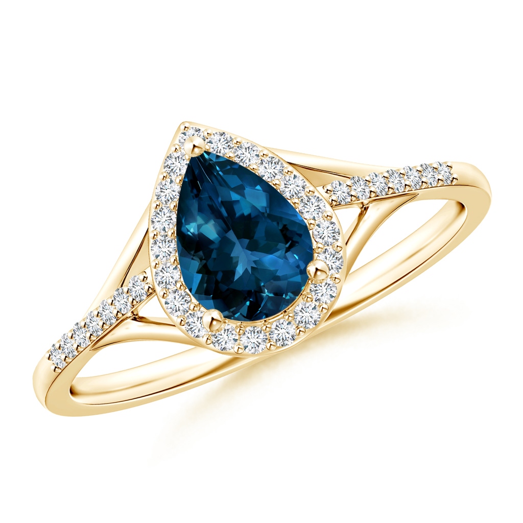 7x5mm AAAA Pear-Shaped London Blue Topaz Ring with Diamond Halo in Yellow Gold