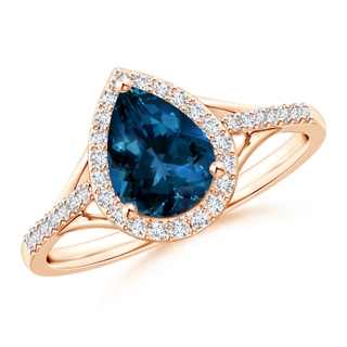 8x6mm AAAA Pear-Shaped London Blue Topaz Ring with Diamond Halo in Rose Gold