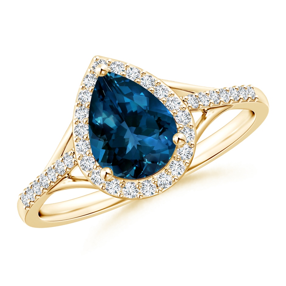 8x6mm AAAA Pear-Shaped London Blue Topaz Ring with Diamond Halo in Yellow Gold 