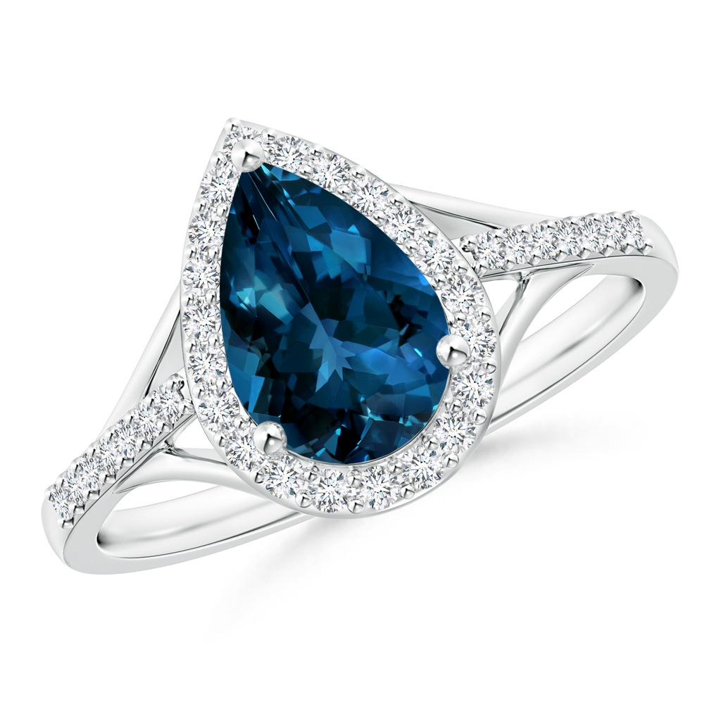 9x6mm AAAA Pear-Shaped London Blue Topaz Ring with Diamond Halo in White Gold