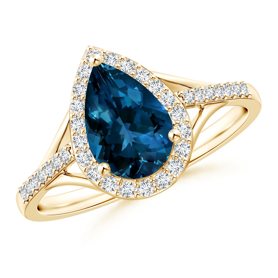 9x6mm AAAA Pear-Shaped London Blue Topaz Ring with Diamond Halo in Yellow Gold 