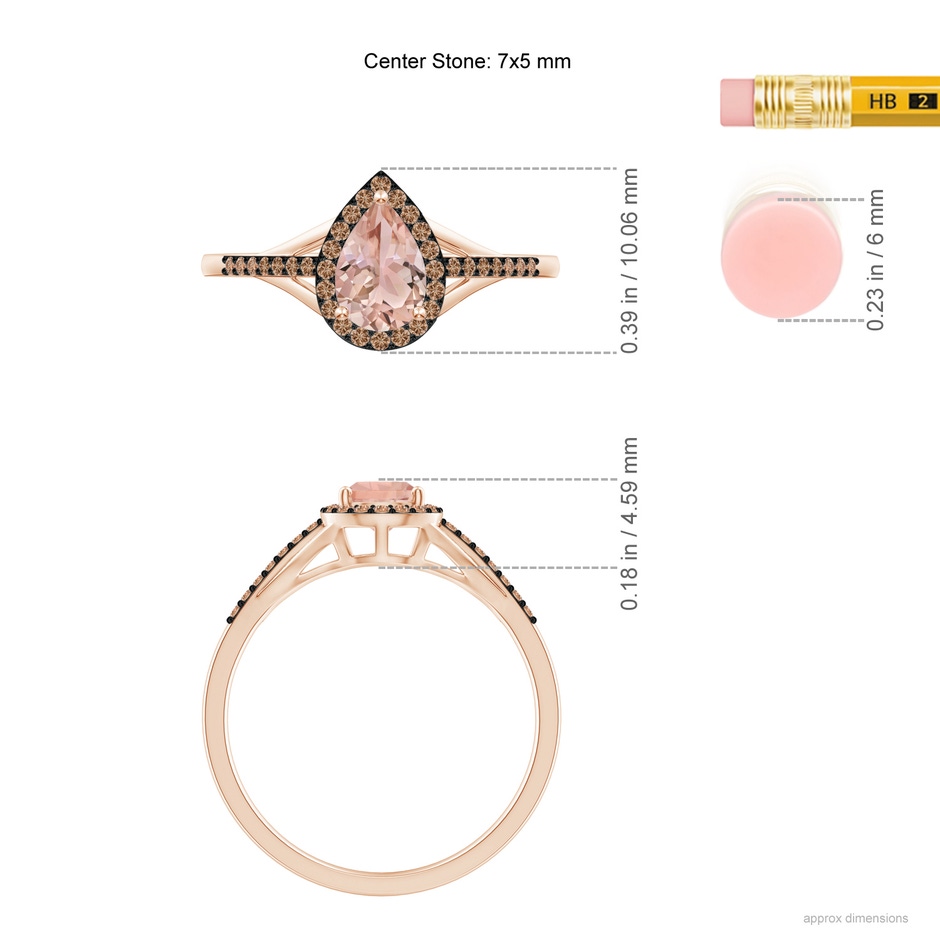 7x5mm AAA Pear-Shaped Morganite Ring with Coffee Diamond Halo in Rose Gold ruler