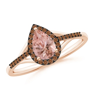 7x5mm AAAA Pear-Shaped Morganite Ring with Coffee Diamond Halo in 9K Rose Gold