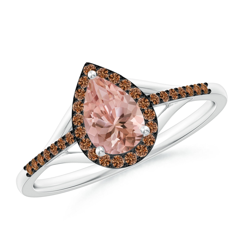 7x5mm AAAA Pear-Shaped Morganite Ring with Coffee Diamond Halo in P950 Platinum