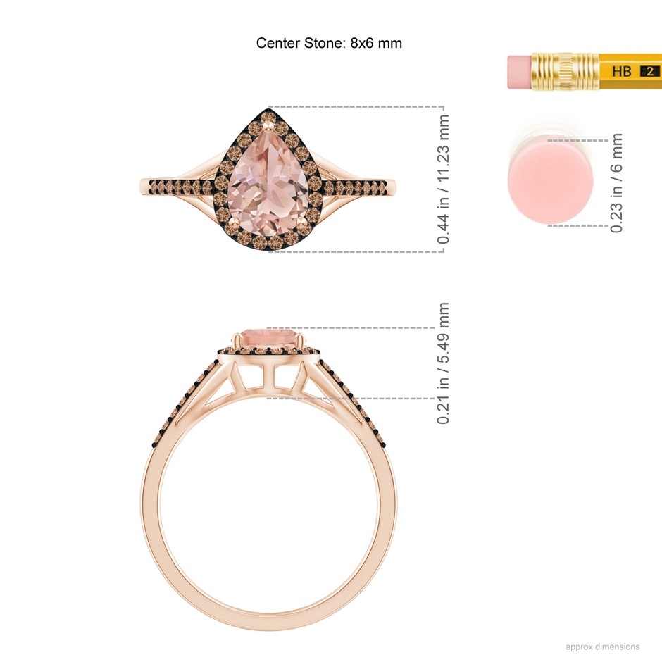 8x6mm AAA Pear-Shaped Morganite Ring with Coffee Diamond Halo in Rose Gold ruler