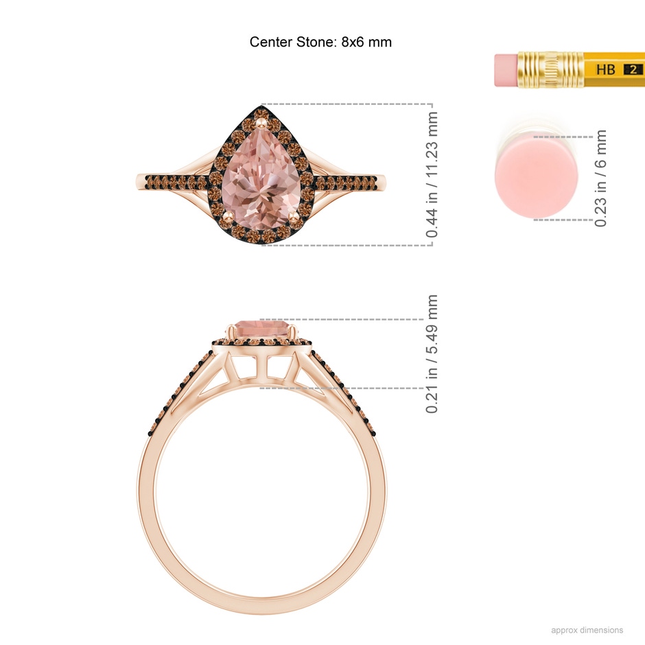8x6mm AAAA Pear-Shaped Morganite Ring with Coffee Diamond Halo in Rose Gold ruler