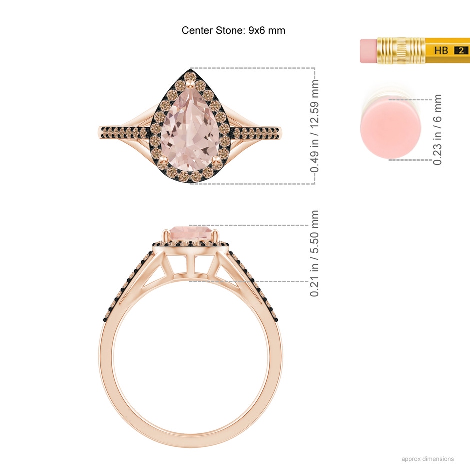 9x6mm AA Pear-Shaped Morganite Ring with Coffee Diamond Halo in Rose Gold ruler