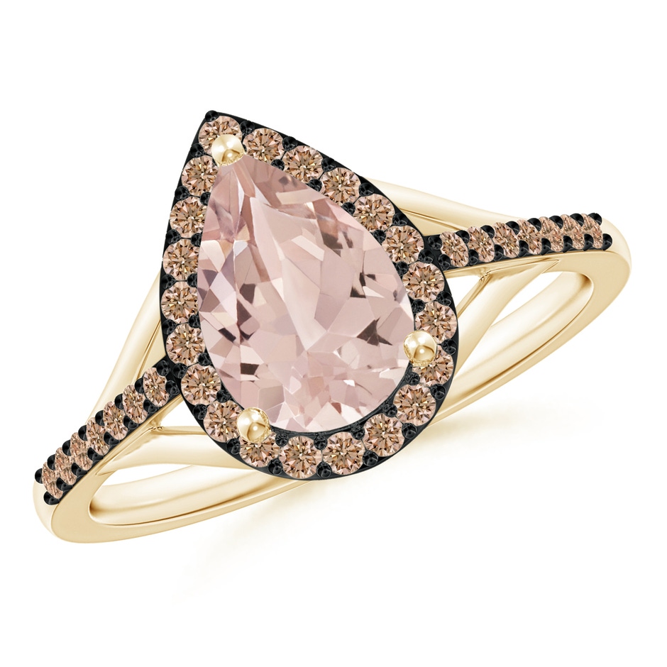 9x6mm AA Pear-Shaped Morganite Ring with Coffee Diamond Halo in Yellow Gold 