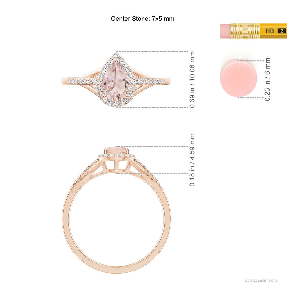 7x5mm A Pear-Shaped Morganite Ring with Diamond Halo in Rose Gold ruler