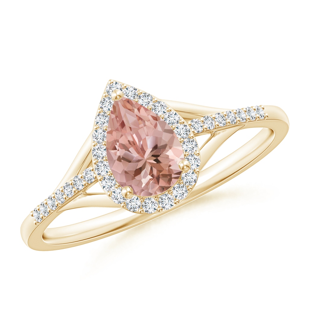 7x5mm AAAA Pear-Shaped Morganite Ring with Diamond Halo in Yellow Gold