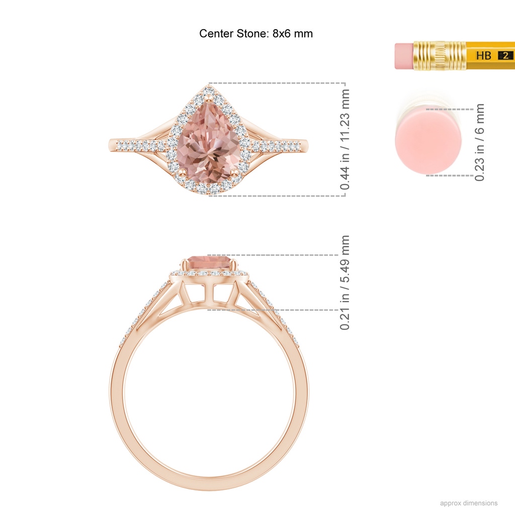 8x6mm AAAA Pear-Shaped Morganite Ring with Diamond Halo in Rose Gold Ruler