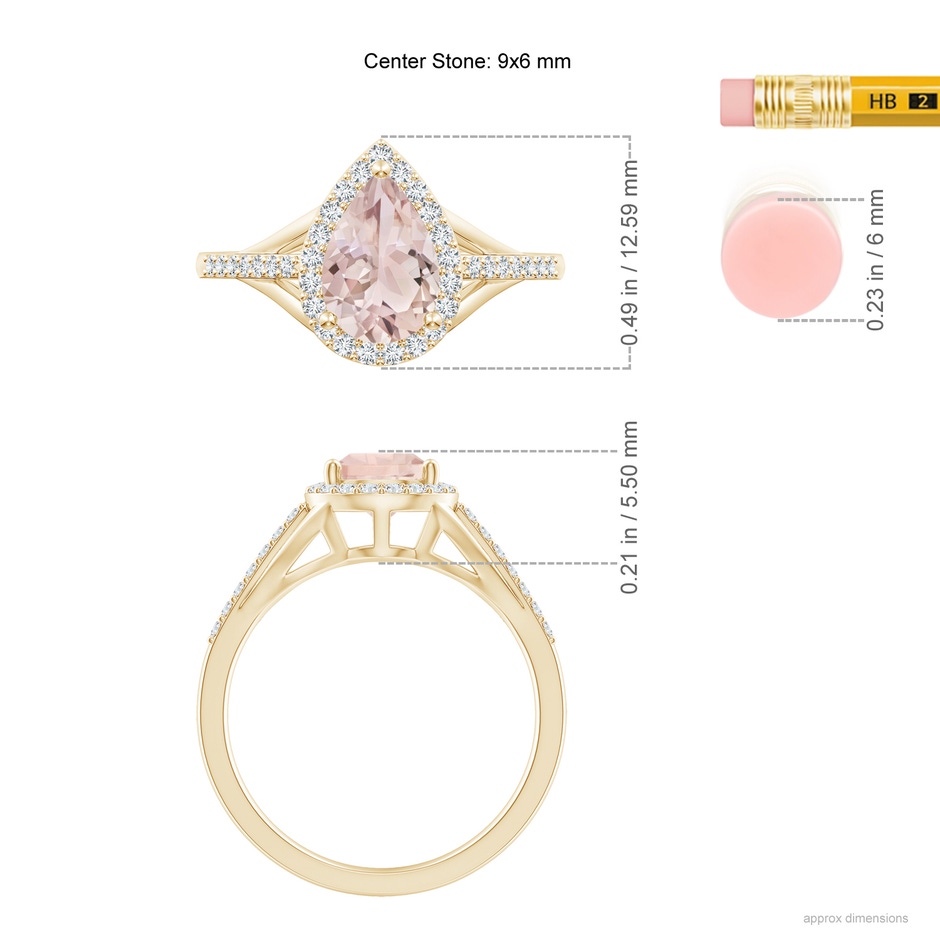 9x6mm A Pear-Shaped Morganite Ring with Diamond Halo in Yellow Gold ruler