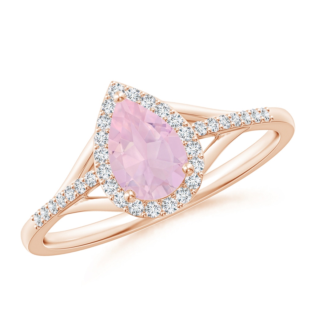 7x5mm AAA Pear-Shaped Rose Quartz Ring with Diamond Halo in Rose Gold