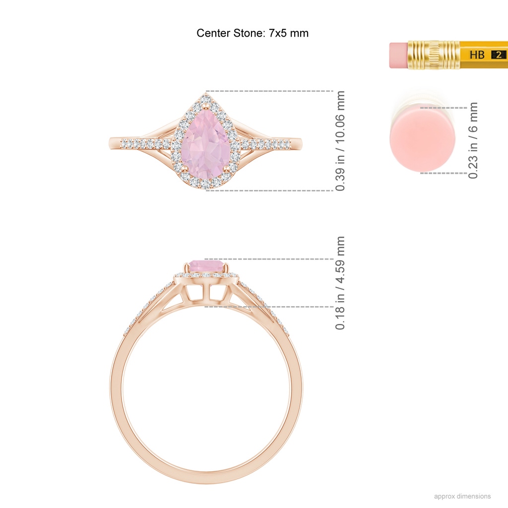 7x5mm AAA Pear-Shaped Rose Quartz Ring with Diamond Halo in Rose Gold Ruler