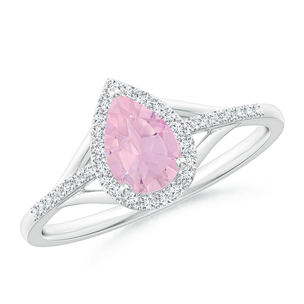 7x5mm AAAA Pear-Shaped Rose Quartz Ring with Diamond Halo in White Gold