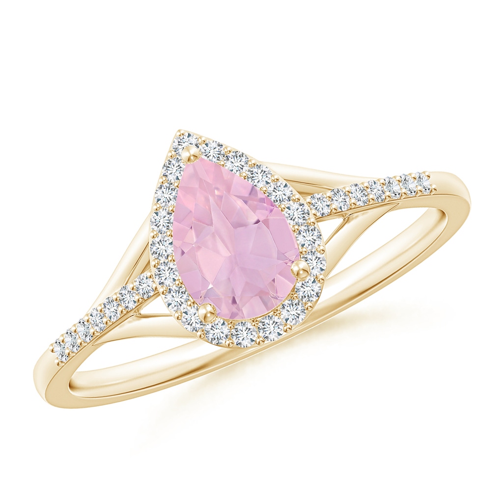 7x5mm AAAA Pear-Shaped Rose Quartz Ring with Diamond Halo in Yellow Gold