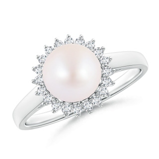 8mm AA Japanese Akoya Pearl Ring with Floral Halo in White Gold