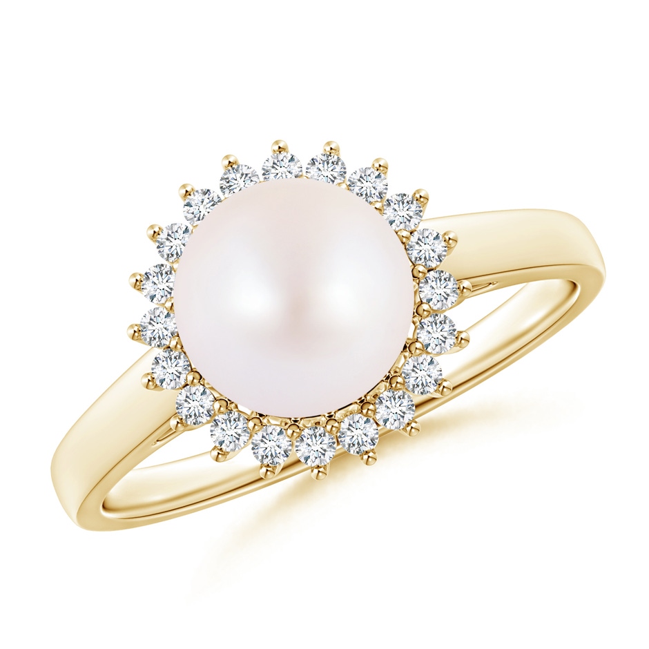 8mm AA Japanese Akoya Pearl Ring with Floral Halo in Yellow Gold 