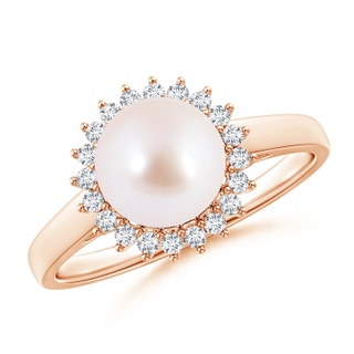 8mm AAA Japanese Akoya Pearl Ring with Floral Halo in Rose Gold