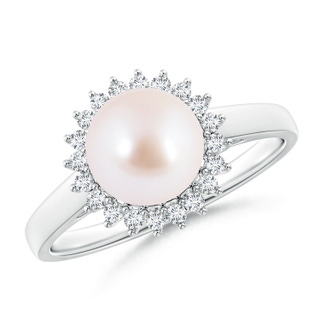 8mm AAA Japanese Akoya Pearl Ring with Floral Halo in White Gold