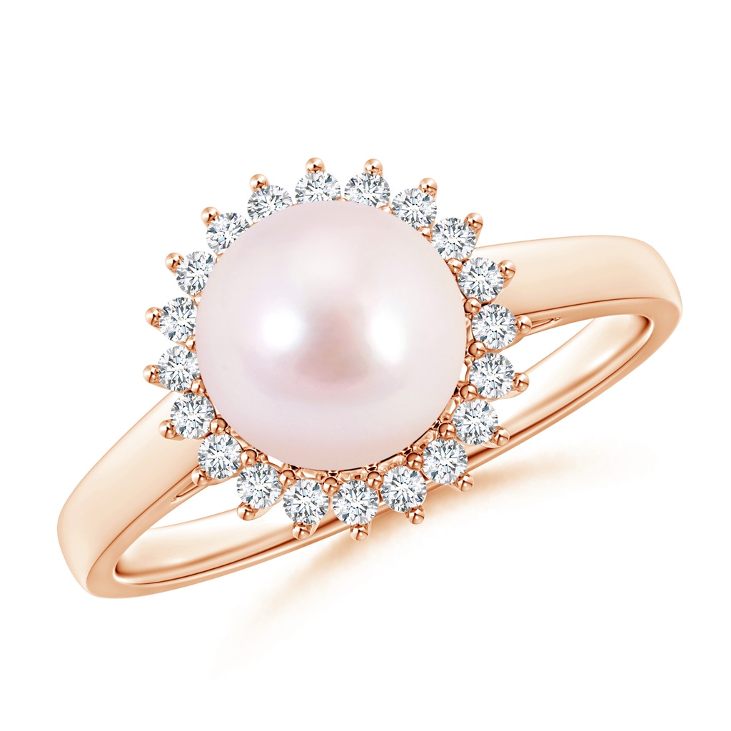 8mm AAAA Japanese Akoya Pearl Ring with Floral Halo in Rose Gold