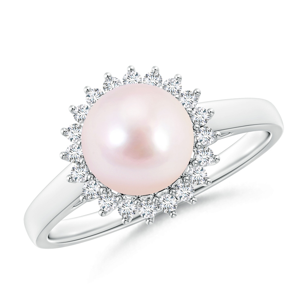 8mm AAAA Japanese Akoya Pearl Ring with Floral Halo in White Gold