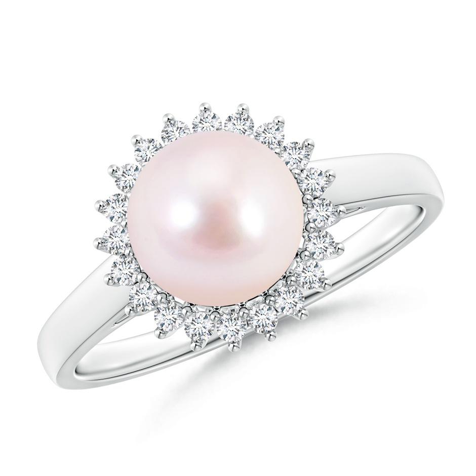 8mm AAAA Japanese Akoya Pearl Ring with Floral Halo in White Gold 