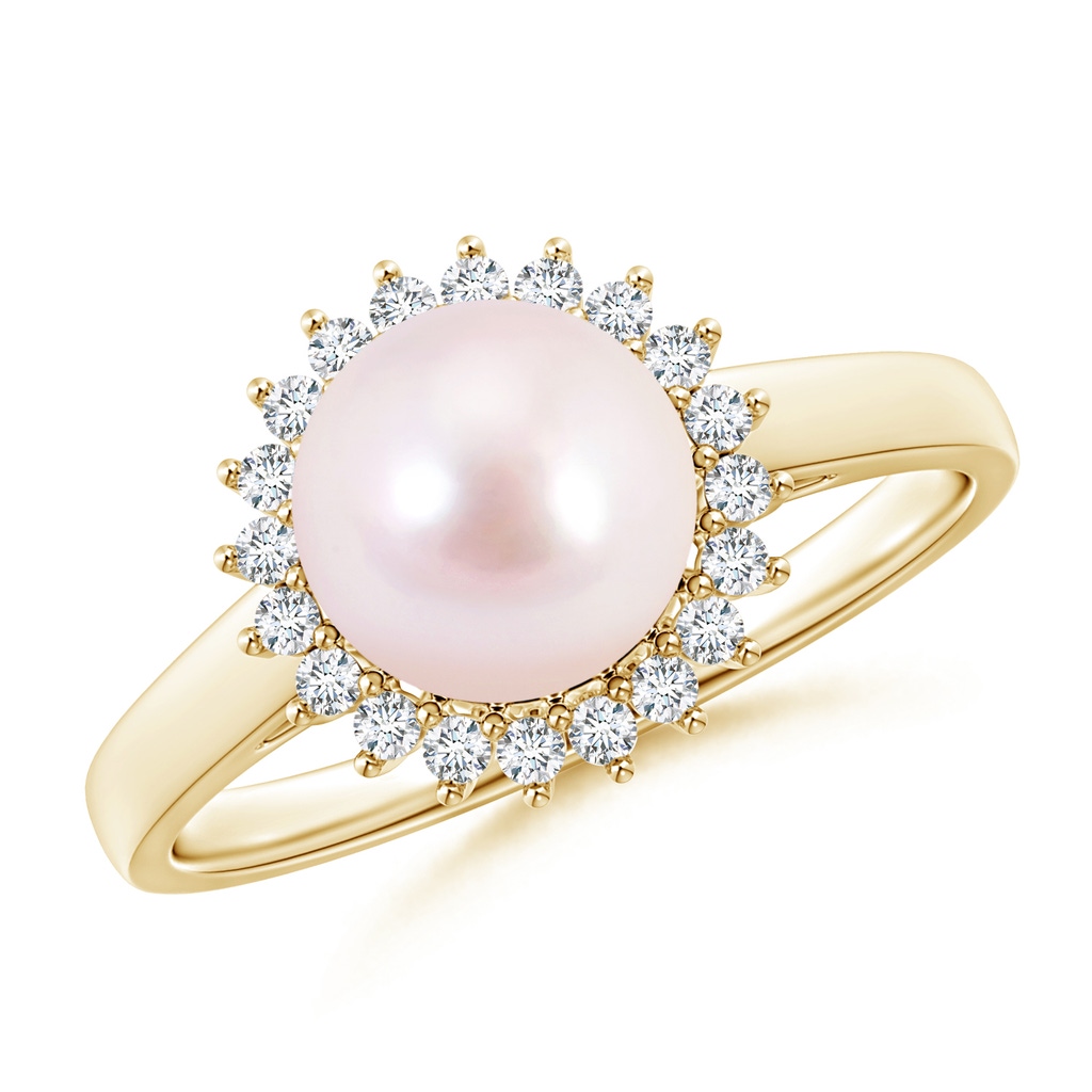 8mm AAAA Japanese Akoya Pearl Ring with Floral Halo in Yellow Gold