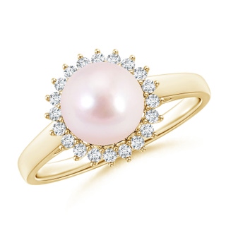 8mm AAAA Japanese Akoya Pearl Ring with Floral Halo in Yellow Gold