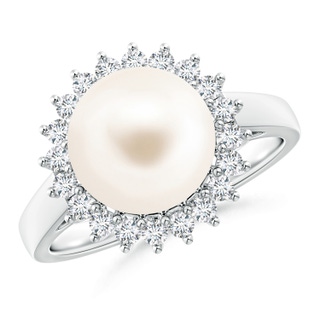 10mm AAA Freshwater Pearl Ring with Floral Halo in White Gold