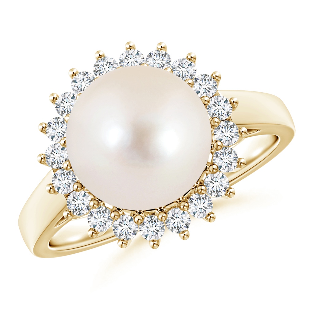 10mm AAAA Freshwater Pearl Ring with Floral Halo in Yellow Gold