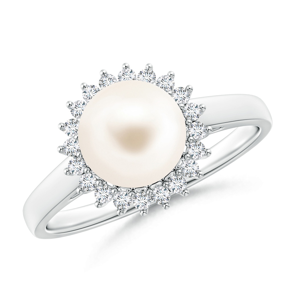 8mm AAA Freshwater Pearl Ring with Floral Halo in White Gold