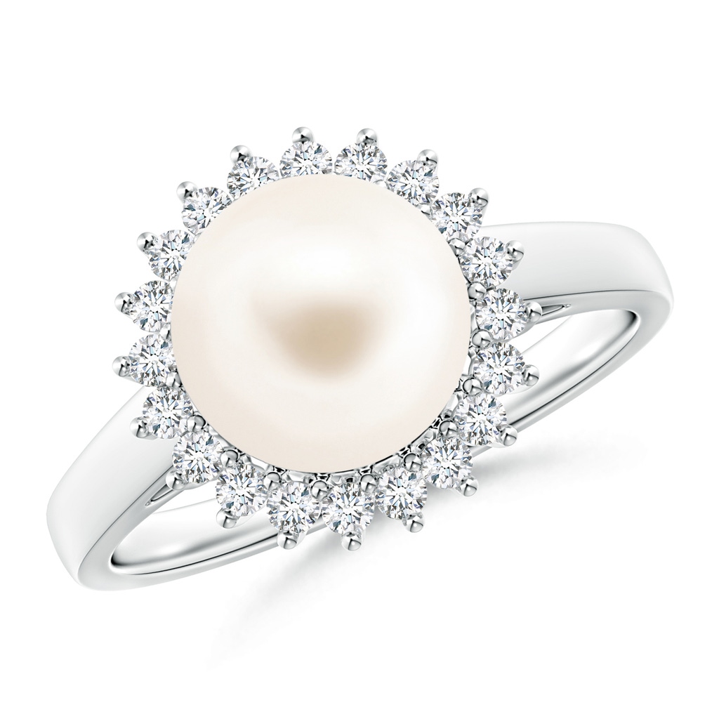 9mm AAA Freshwater Pearl Ring with Floral Halo in White Gold