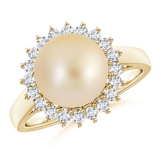 10mm AA Golden South Sea Cultured Pearl Ring with Floral Halo in Yellow Gold