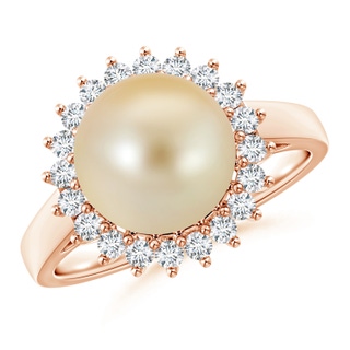 10mm AAA Golden South Sea Cultured Pearl Ring with Floral Halo in Rose Gold