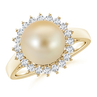 10mm AAA Golden South Sea Cultured Pearl Ring with Floral Halo in Yellow Gold