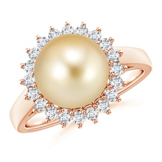 10mm AAAA Golden South Sea Cultured Pearl Ring with Floral Halo in Rose Gold