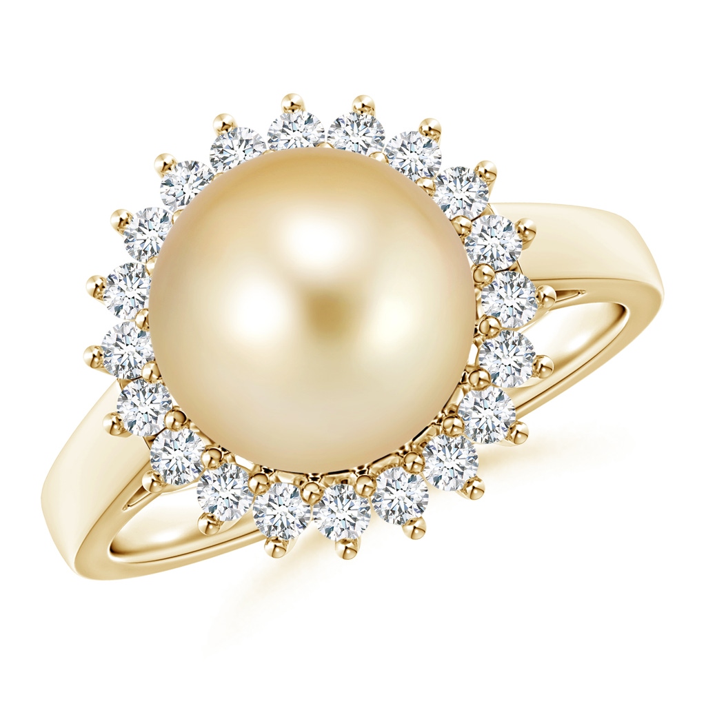 10mm AAAA Golden South Sea Cultured Pearl Ring with Floral Halo in Yellow Gold