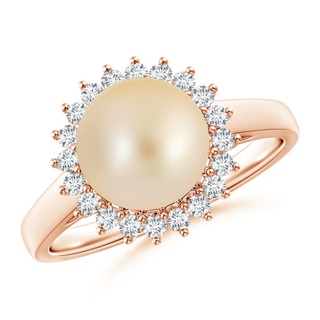 9mm AA Golden South Sea Cultured Pearl Ring with Floral Halo in 9K Rose Gold